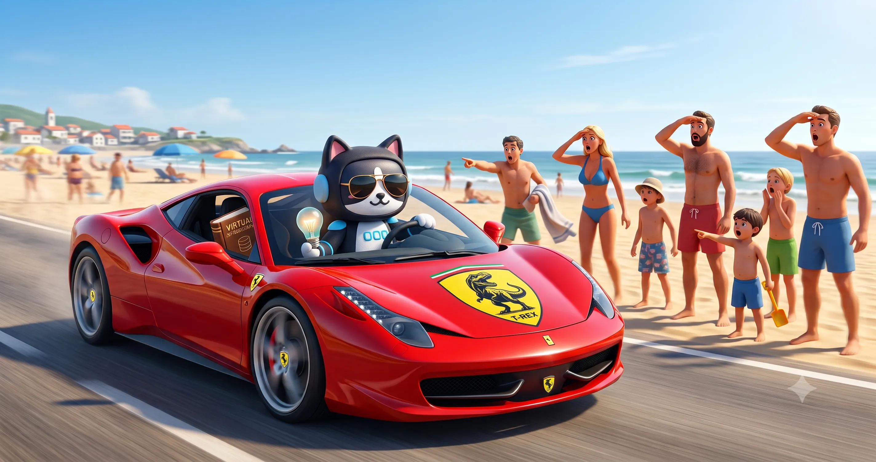 Robot cat in a sports car driving past the beach
